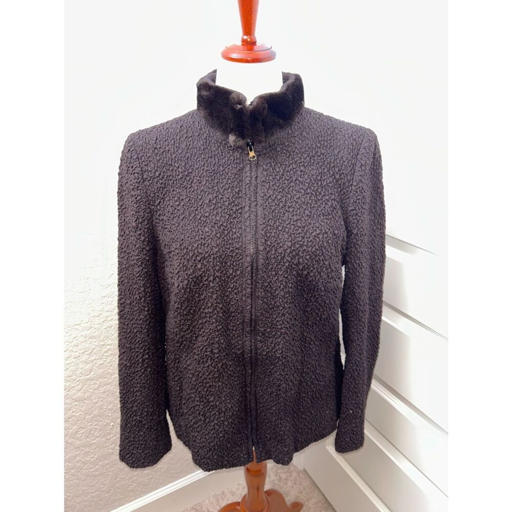 AKRIS Wool Silk Blend Texture Zipper Front Long Sleeve Jacket Coat